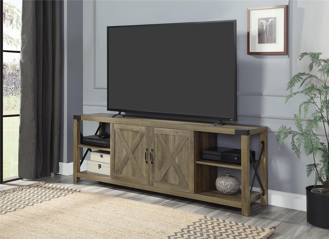 TV Stand with 2 Door Storage and 4 Open Compartments - Rustic Oak