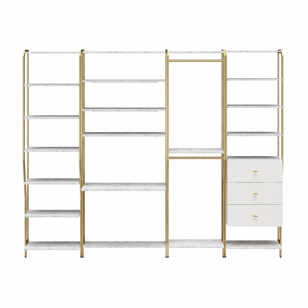 Gwyneth Closet 4 Piece Bundle-Shelves, Vanity, Hanging Rods & Drawers - White marble