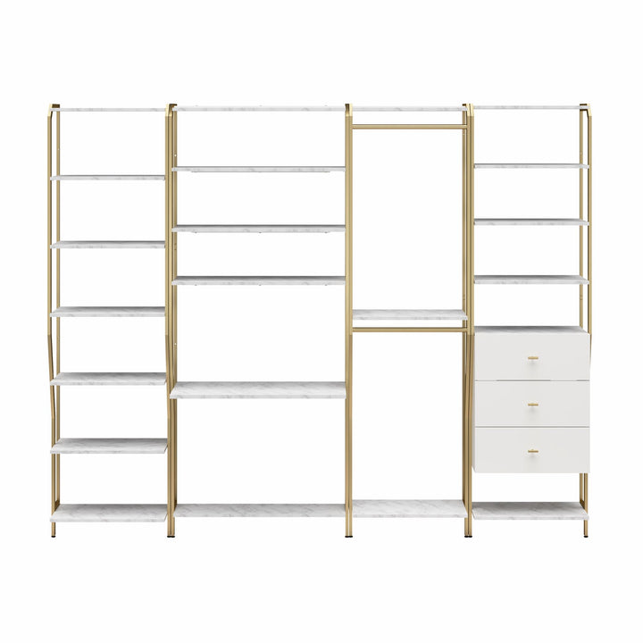 Gwyneth Closet 4 Piece Bundle-Shelves, Vanity, Hanging Rods & Drawers - White marble
