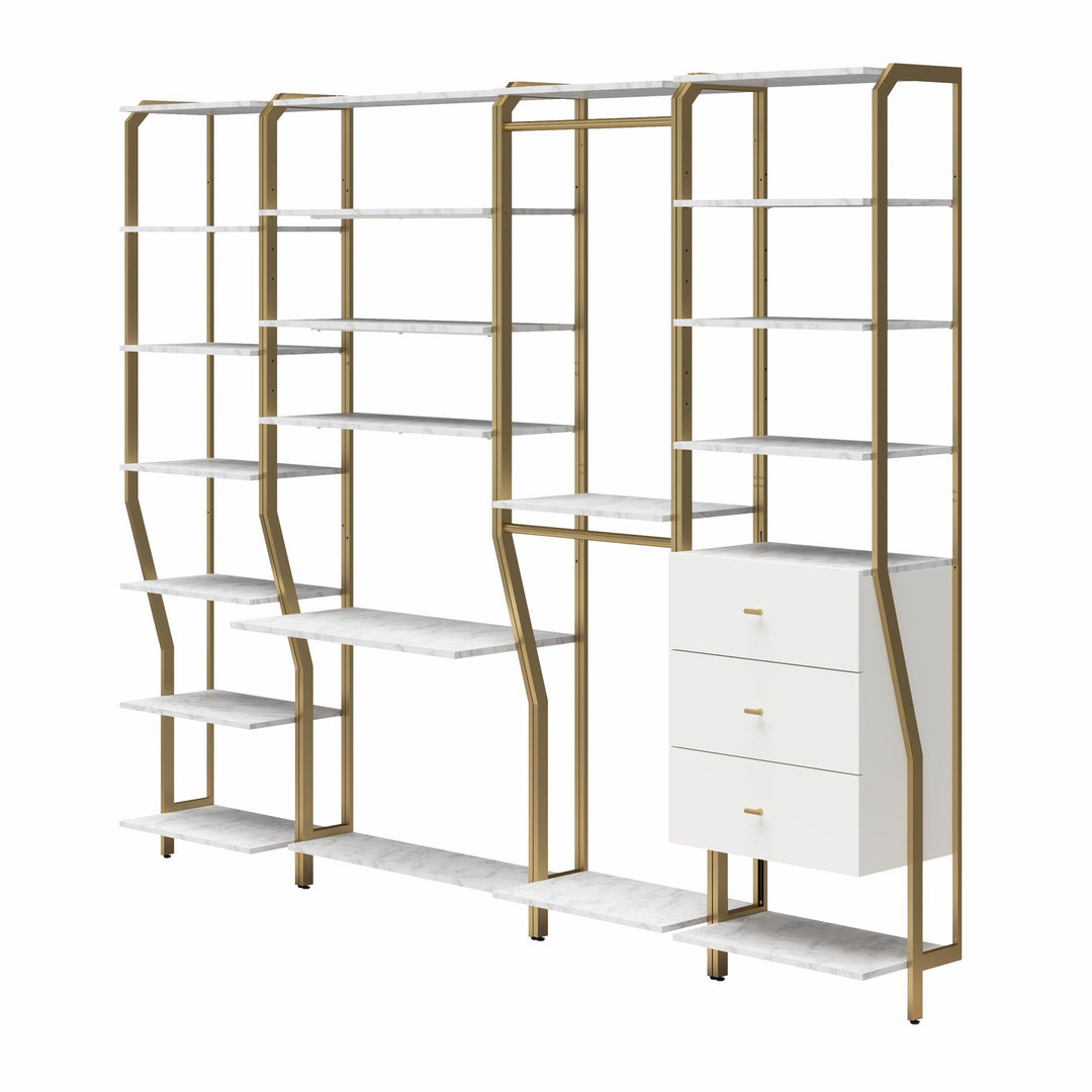 Gwyneth Closet 4 Piece Bundle-Shelves, Vanity, Hanging Rods & Drawers - White marble
