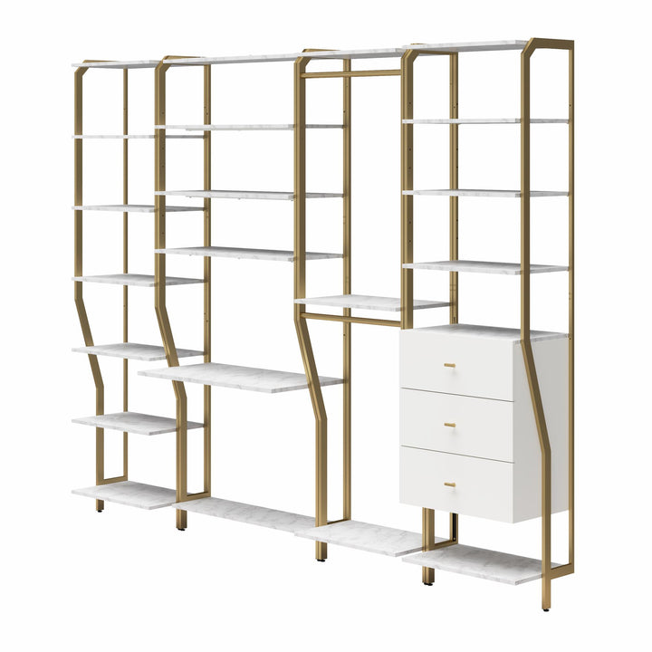 Gwyneth Closet 4 Piece Bundle-Shelves, Vanity, Hanging Rods & Drawers - White marble