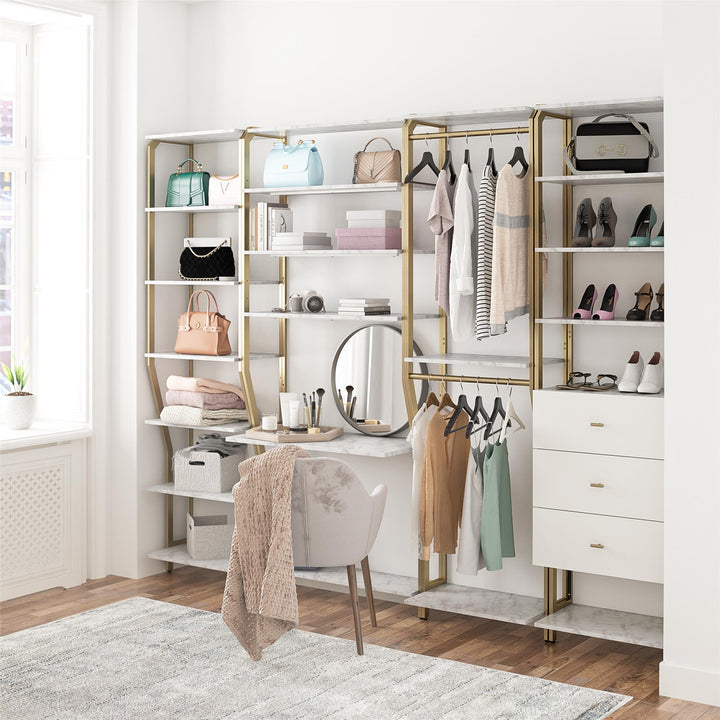 Gwyneth Closet 4 Piece Bundle-Shelves, Vanity, Hanging Rods & Drawers - White marble