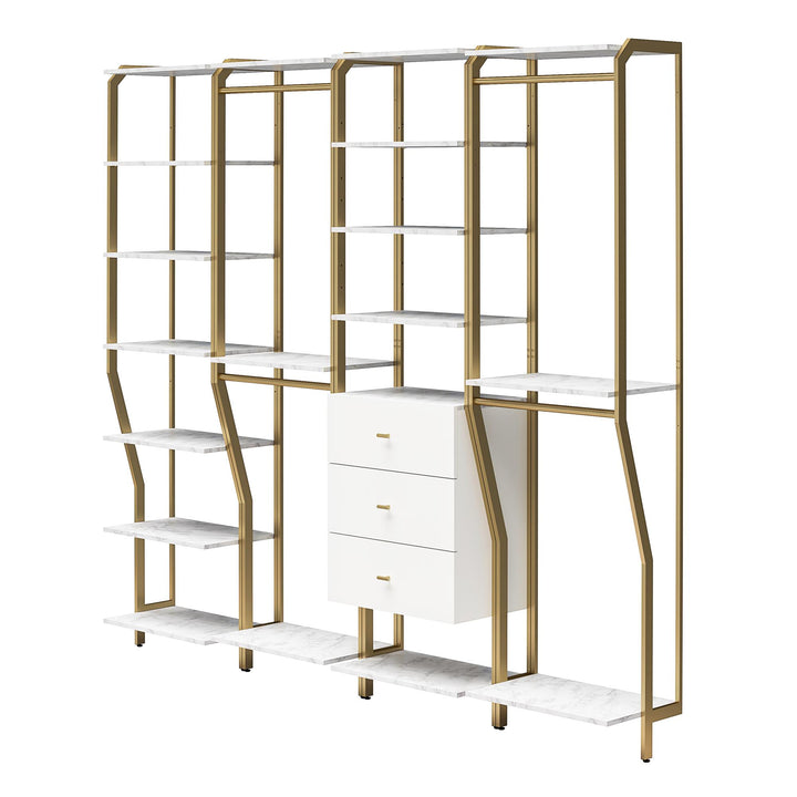 Gwyneth Closet 4 Piece Bundle-2 Hanging Rod, 1 Shelf & 1 Drawer Unit - White marble
