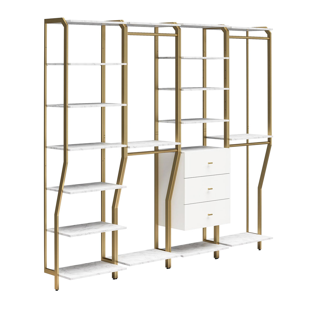 Gwyneth Closet 4 Piece Bundle-2 Hanging Rod, 1 Shelf & 1 Drawer Unit - White marble