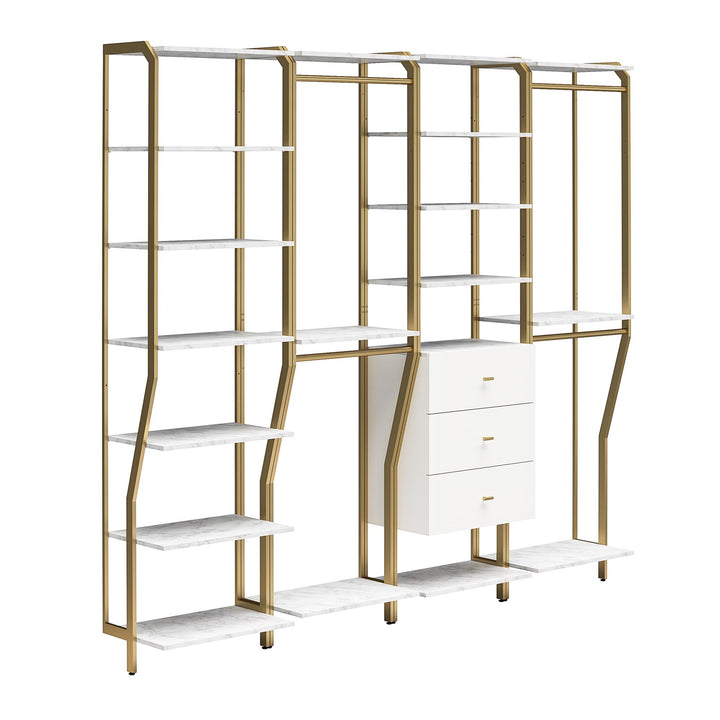 Gwyneth Closet 4 Piece Bundle-2 Hanging Rod, 1 Shelf & 1 Drawer Unit - White marble