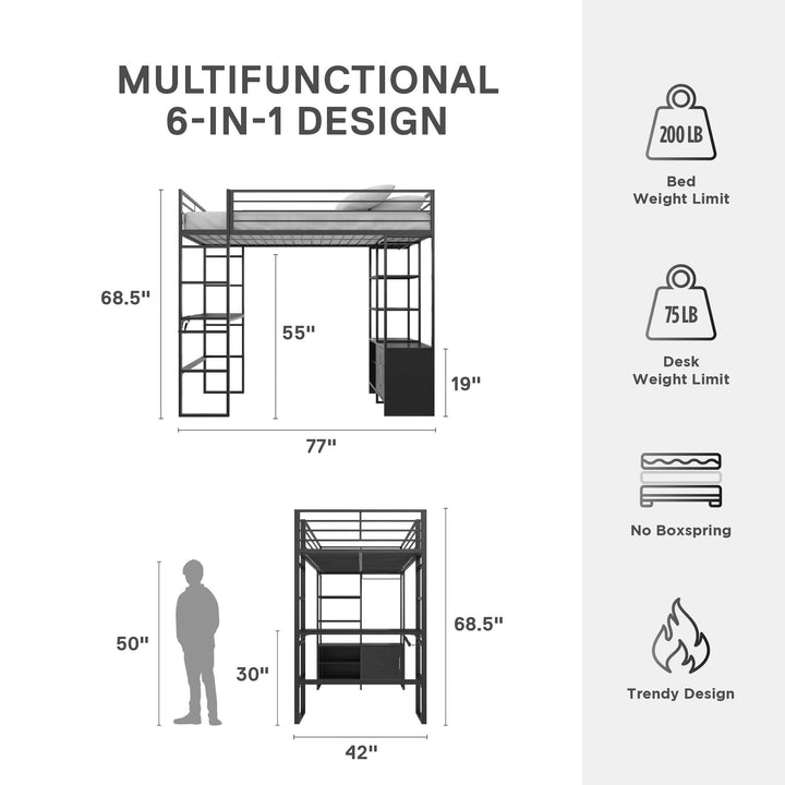 Lanis Twin Loft Bed with Desk and Storage - Black - Twin