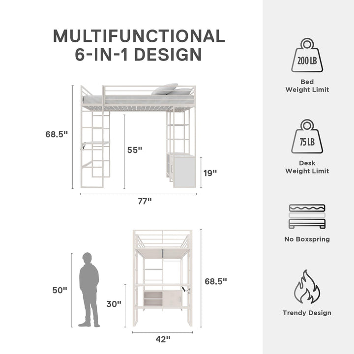 Lanis Twin Loft Bed with Desk and Storage - Off White - Twin