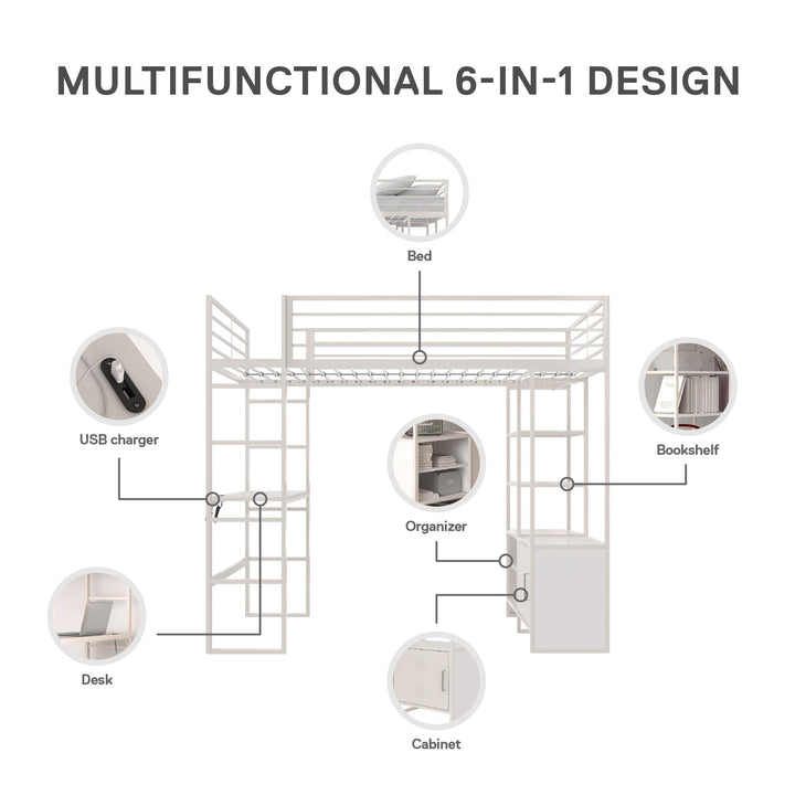 Lanis Twin Loft Bed with Desk and Storage - Off White - Twin