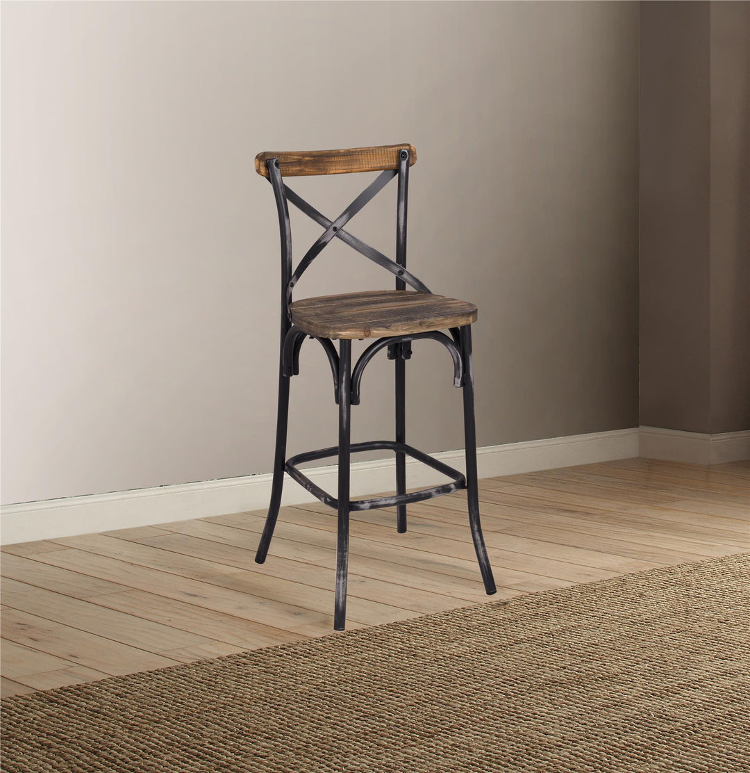 Vintage ArmlessBar Chair with wood top trim and metal X shape - Black