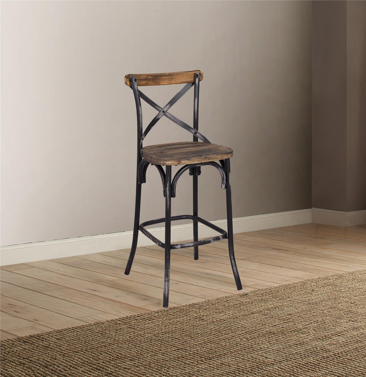 Vintage ArmlessBar Chair with wood top trim and metal X shape - Black