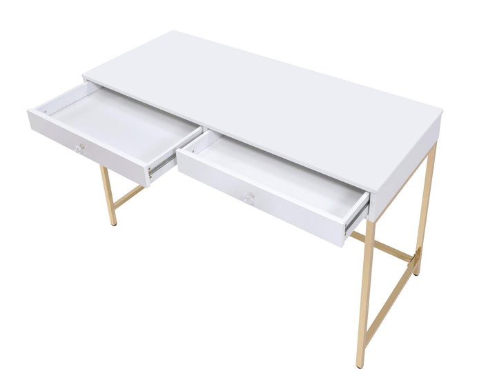 gold finish metal base writing desk with 2 drawers - White