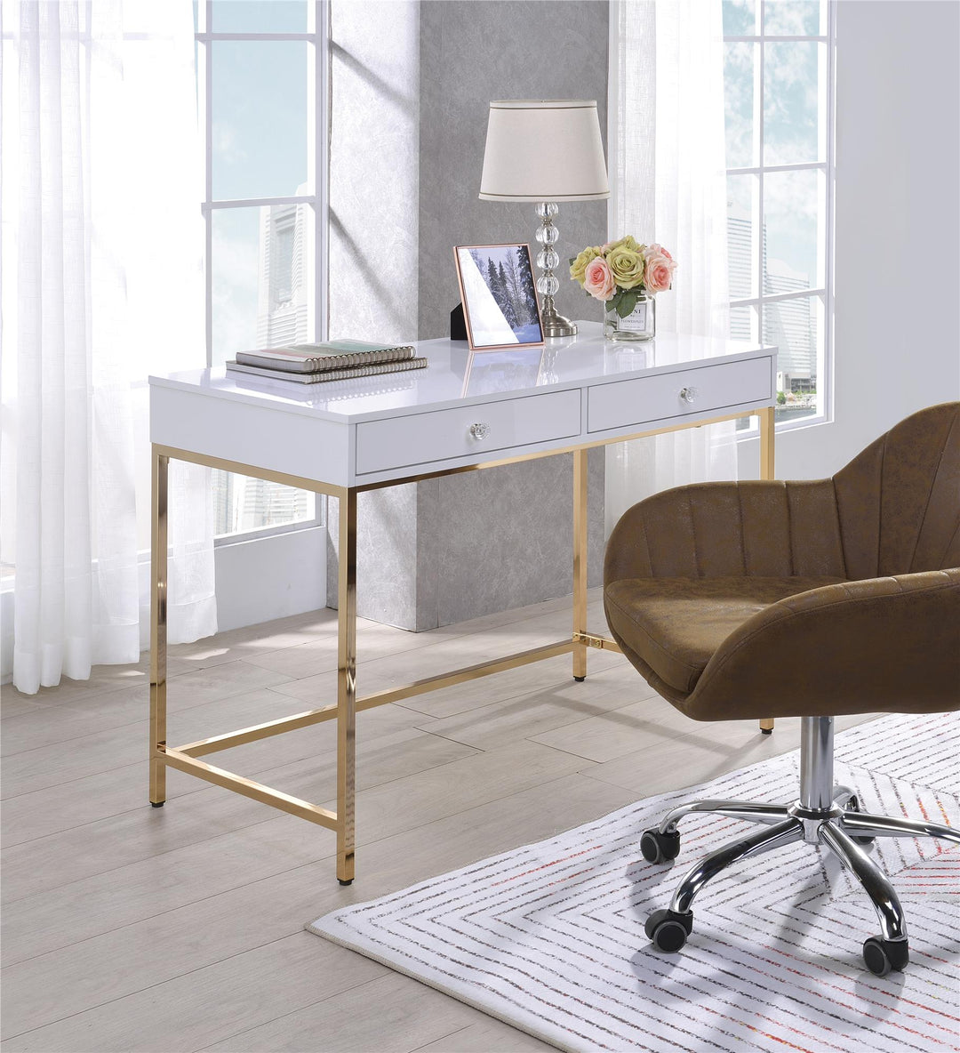 Rectangular Desk with 2 Storage Drawers - White