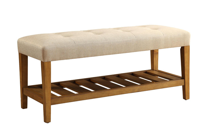 Bench with Button Tufted Seat and bottom shelf - Beige