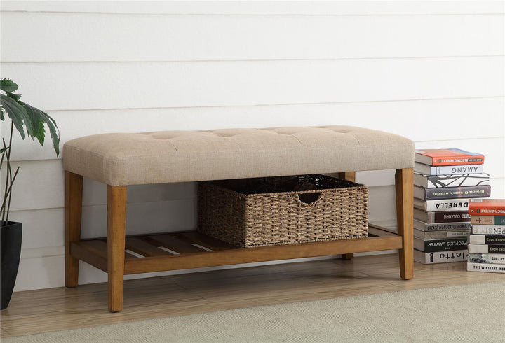 Button Tufted Bench - Beige