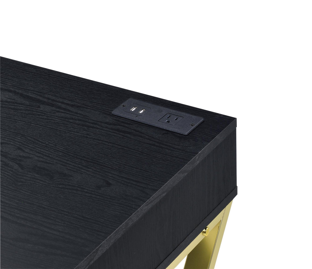 2 drawers writing desk with usb port and gold metal base- Black
