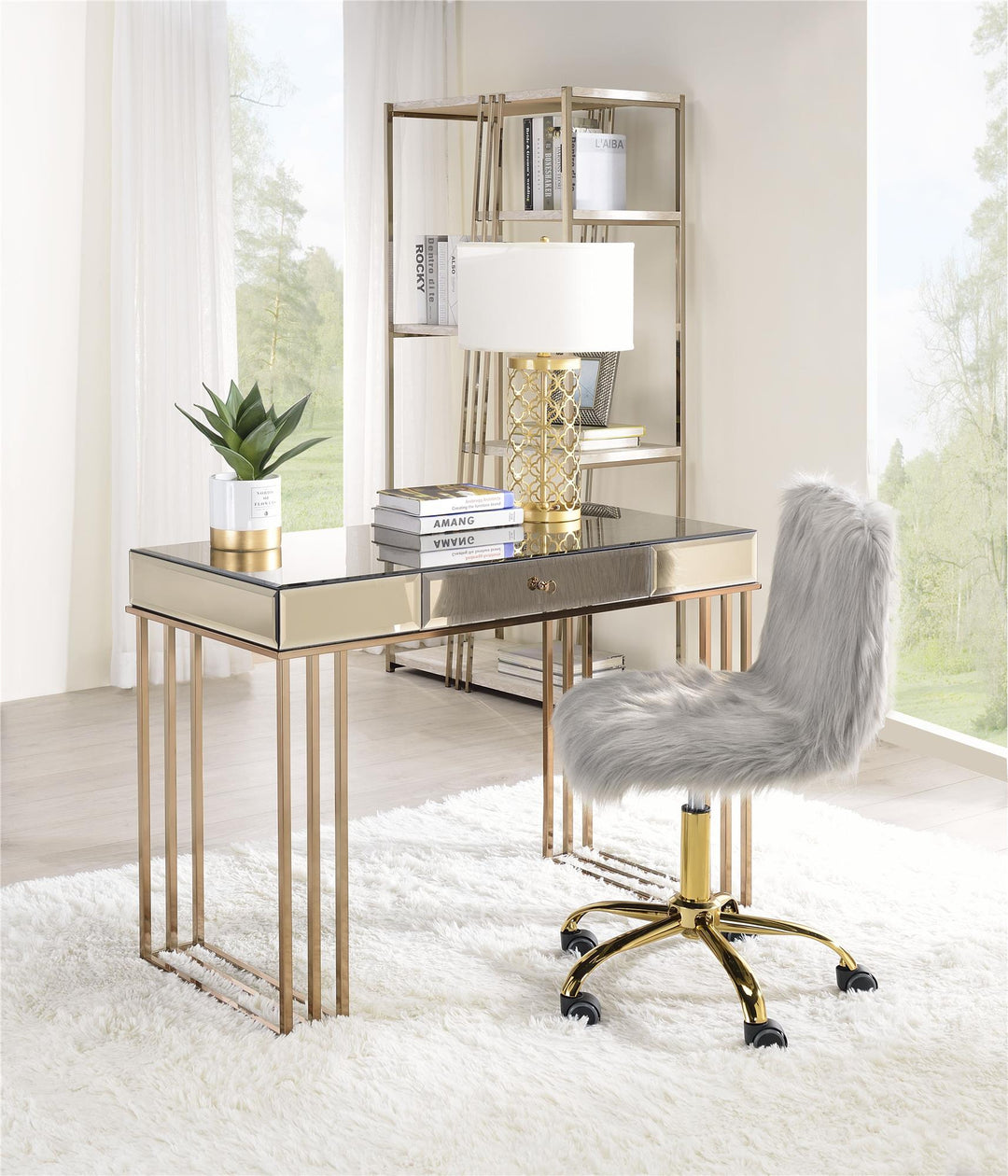 1 Drawer Writing Desk with Metal Base - Champagne Gold