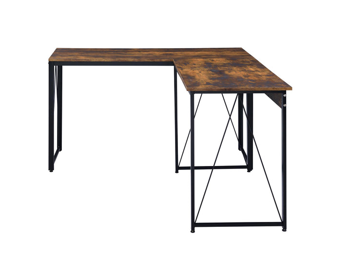 Zaidin Rectangular Writing Desk with a Metal Base and V-Shaped Accents - Weathered Oak