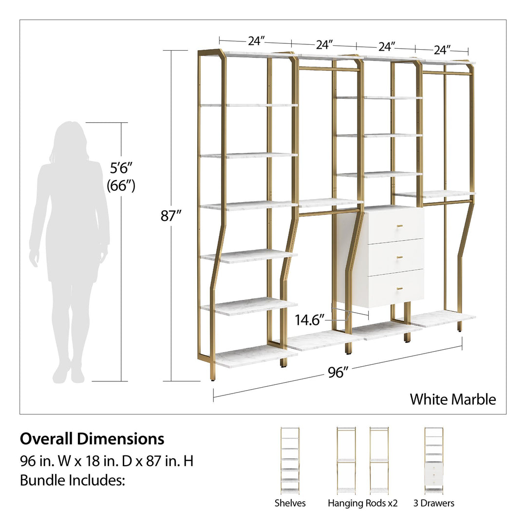 Gwyneth Closet 4 Piece Bundle-2 Hanging Rod, 1 Shelf & 1 Drawer Unit - White marble