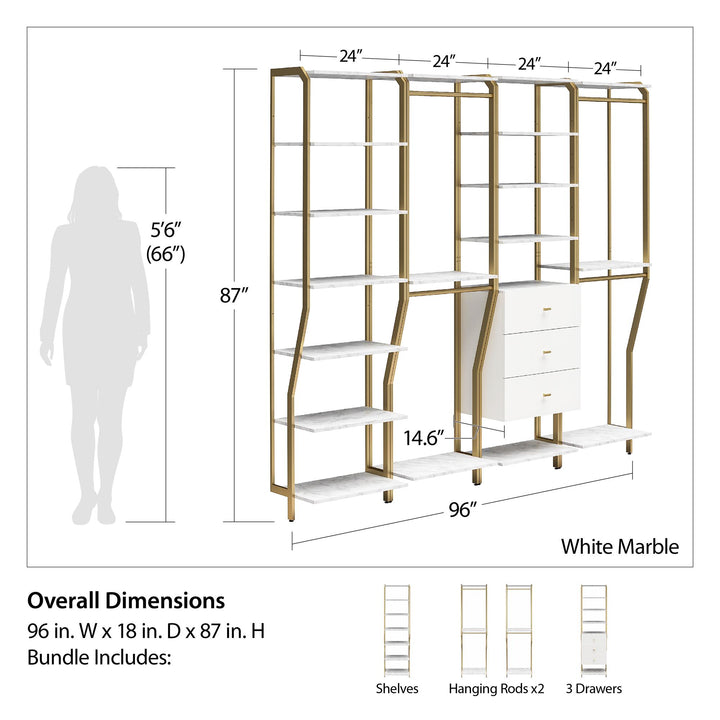 Gwyneth Closet 4 Piece Bundle-2 Hanging Rod, 1 Shelf & 1 Drawer Unit - White marble