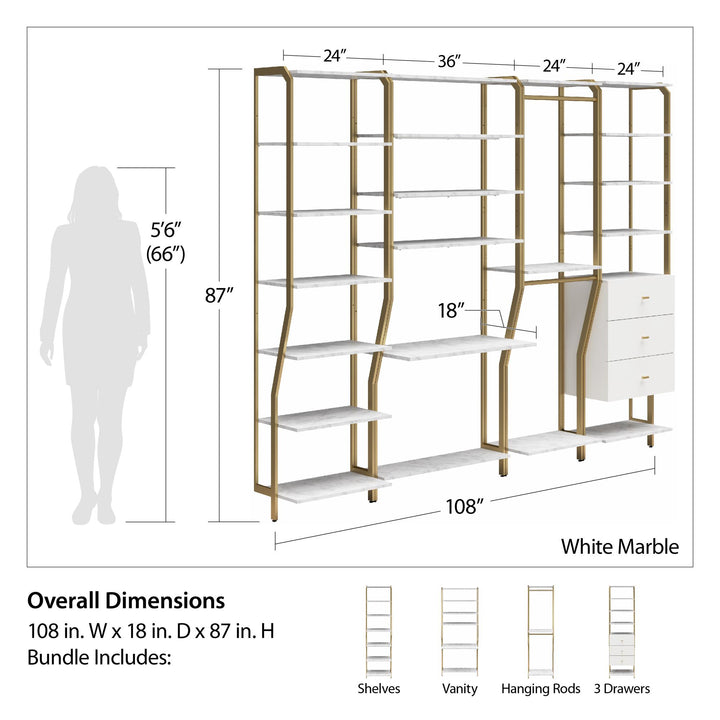 4-piece closet organizer with 3 drawers - White marble