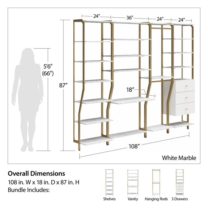 Gwyneth Closet 4 Piece Bundle-Shelves, Vanity, Hanging Rods & Drawers - White marble