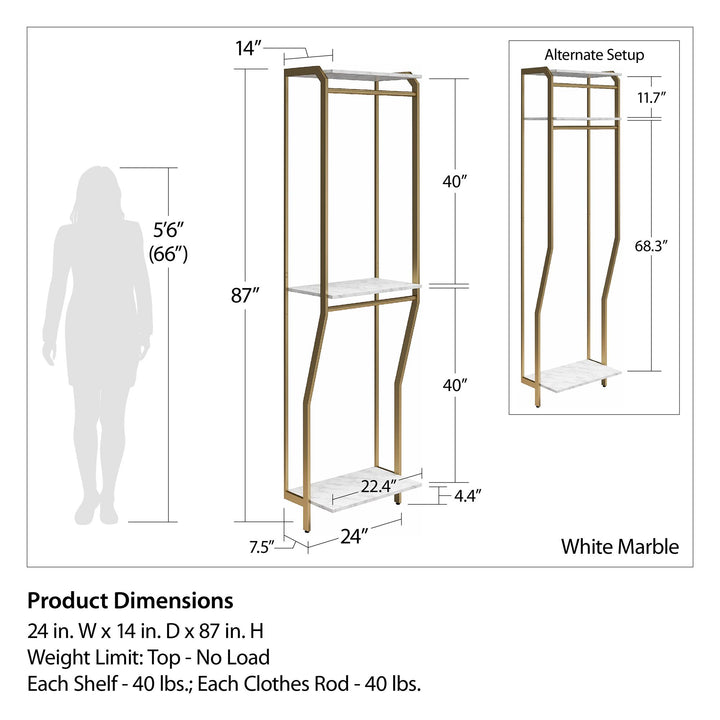 Gwyneth Closet 4 Piece Bundle-Shelves, Vanity, Hanging Rods & Drawers - White marble
