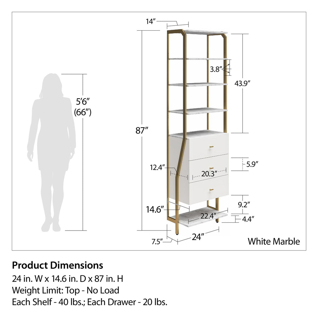 3-piece open closet organizer with 5-shelf vanity and 3 drawer unit - White marble