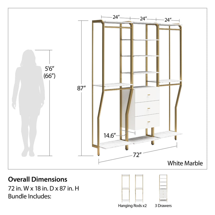 3-piece closet organizer with 3 drawers - White marble
