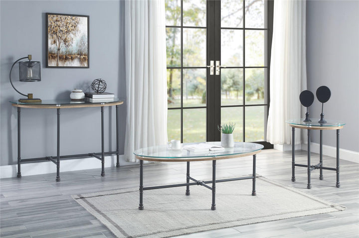 Round End Table with Glass Top and Water Pipe Style Legs - Ashen Gray
