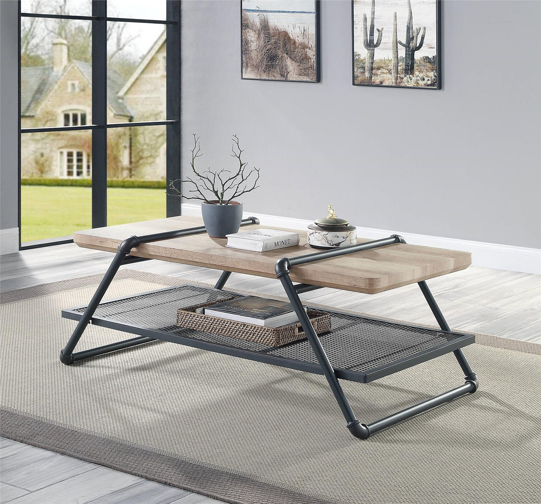 Wooden top Coffee Table  with Metal Shelf - Natural