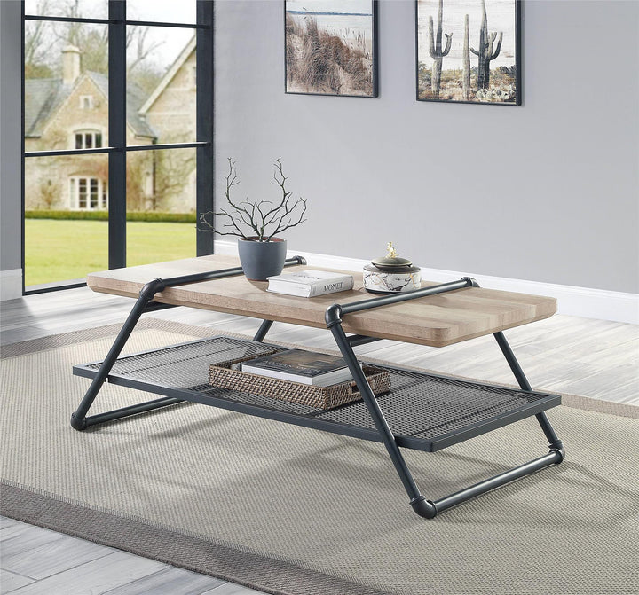 Wooden top Coffee Table  with Metal Shelf - Natural