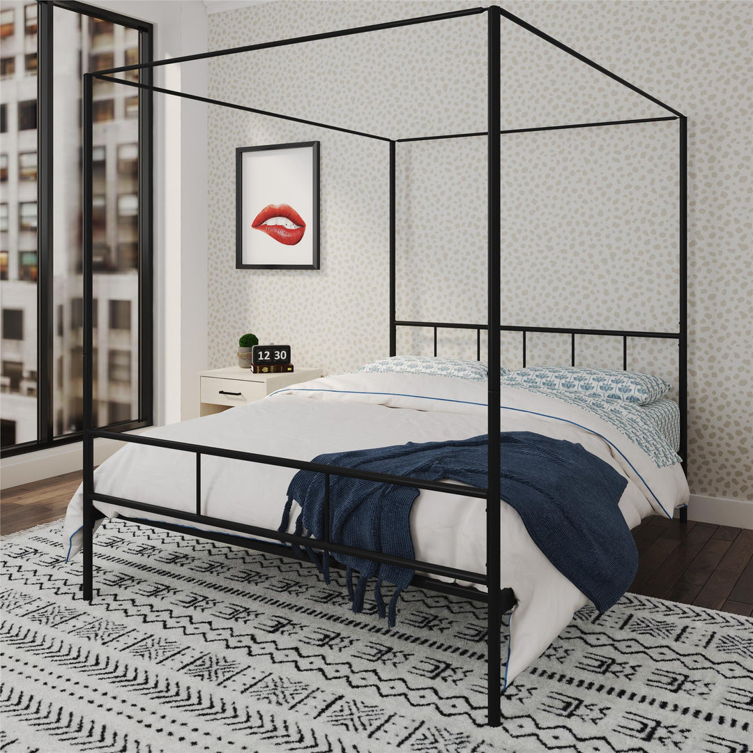 Marion Four Poster Metal Canopy Bed with Soft Clean Lines - Black - Queen