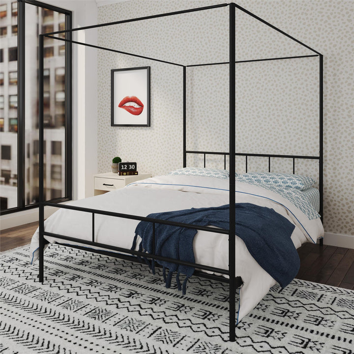 Marion Four Poster Metal Canopy Bed with Soft Clean Lines - Black - Queen