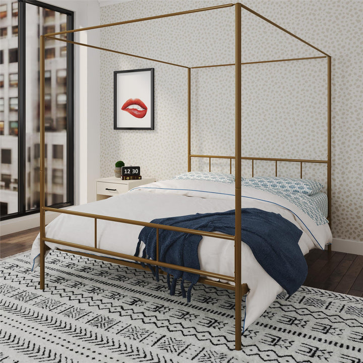 Marion Four Poster Metal Canopy Bed with Soft Clean Lines - Gold - Queen