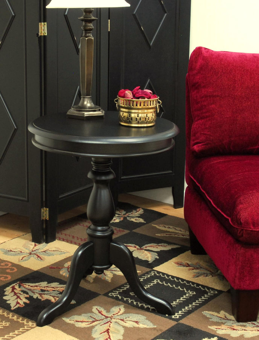 Round Side Table with Lathe-Turned Pedestal - Black