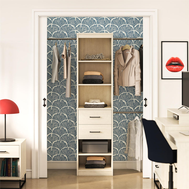 Kelly 5 Shelf and 2 Drawer Closet Organizer with 3 Adjustable Hanging Rods - Ivory Oak