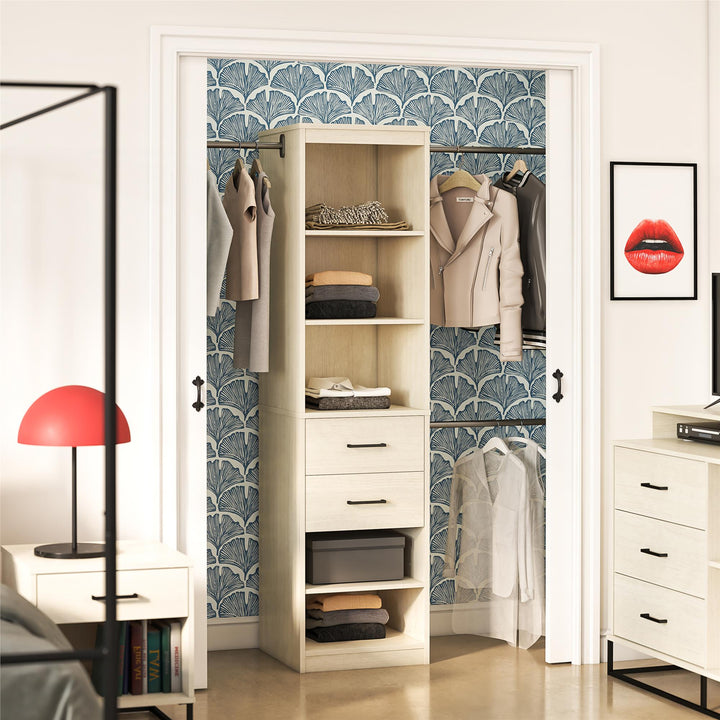 Kelly 5 Shelf and 2 Drawer Closet Organizer with 3 Adjustable Hanging Rods - Ivory Oak