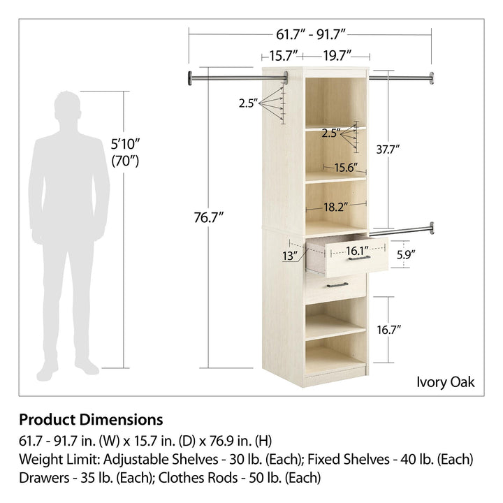 Kelly 5 Shelf and 2 Drawer Closet Organizer with 3 Adjustable Hanging Rods - Ivory Oak