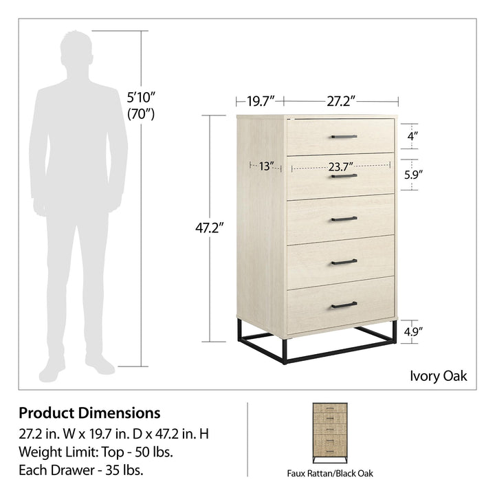 Kelly 5 Drawer Dresser for Bedroom -  Black Oak