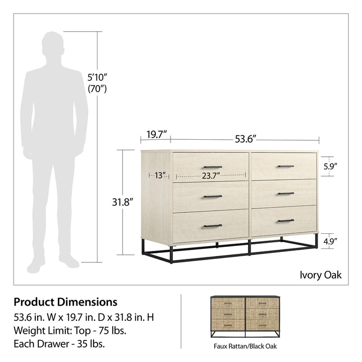 Sleek 6 Drawer Dresser -  Black Oak
