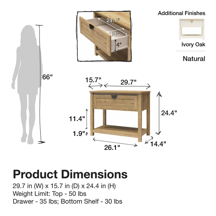Primrose Wide 1 Drawer Nightstand with Open Shelf - Natural