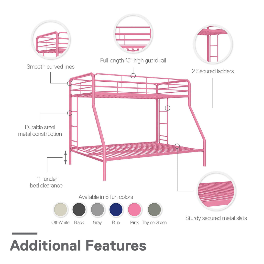 Dusty Twin over Full Metal Bunk Bed with Integrated Ladder - Pink - Twin-Over-Full