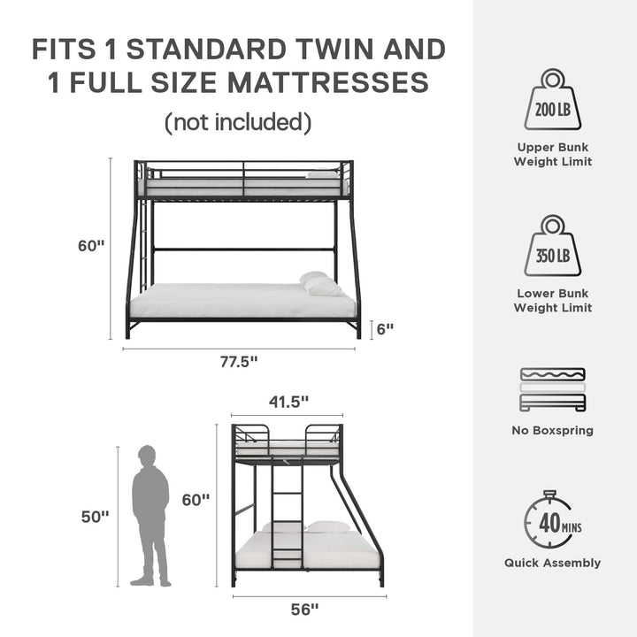 BrEZ Build Collection Easy Assembly Kids Metal Bunk Bed - Black - Twin-Over-Full