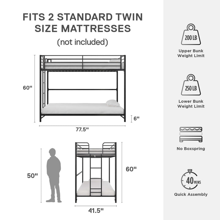 BrEZ Build Collection Easy Assembly Kids Metal Bunk Bed - Black - Twin-Over-Twin