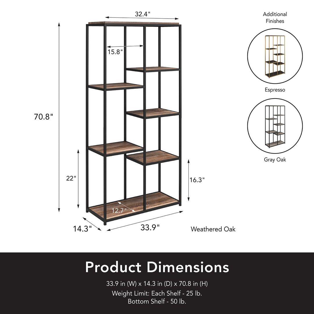 Fayette 5 Open Shelf Bookcase with Sturdy Metal Frame - Weathered Oak