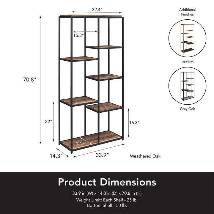 Fayette 5 Open Shelf Bookcase with Sturday Metal Frame - Gray Oak