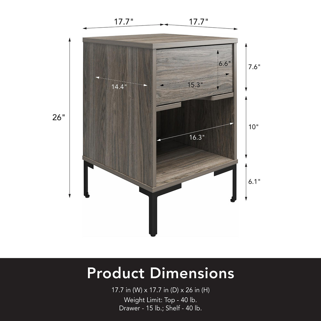 Spacious drawer and open cubby storage - Weathered Oak