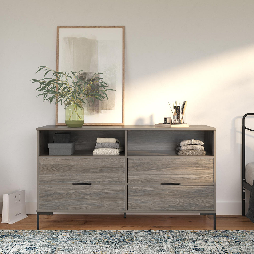 Rolland Wide 4 Drawer 2 Cubby Dresser - Weathered Oak