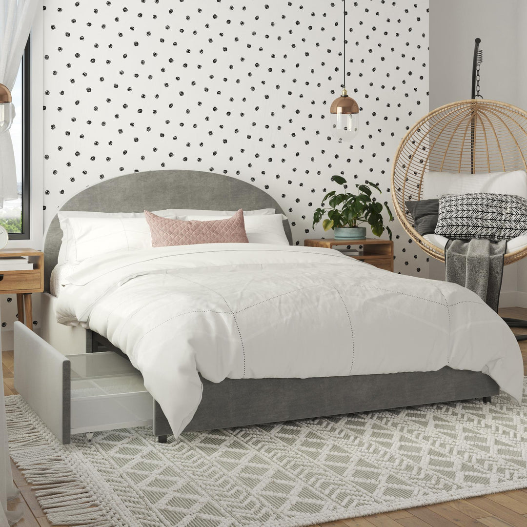 Moon Upholstered Bed with Rounded Headboard and 4 Storage Drawers - Light Gray - Queen