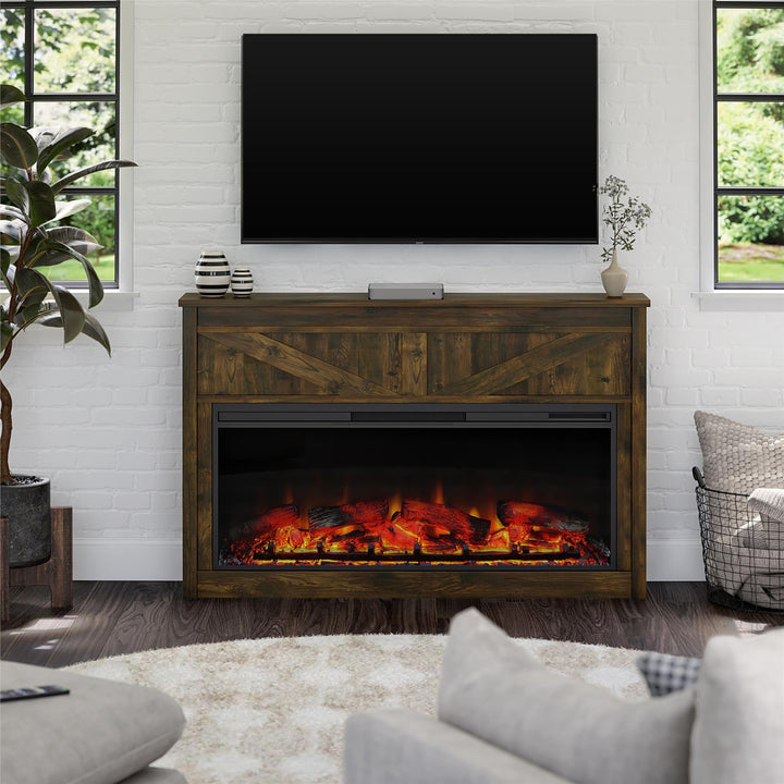 Electric fireplace with wide mantel -  Century Barn Pine